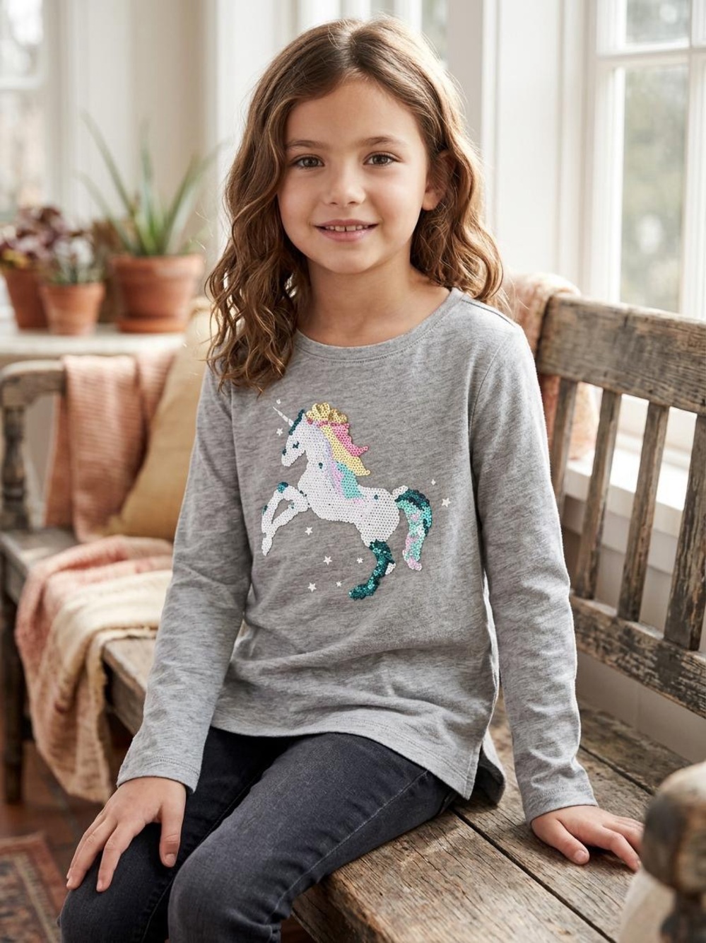 GAP Gray Long-Sleeve Unicorn Sequin Tee